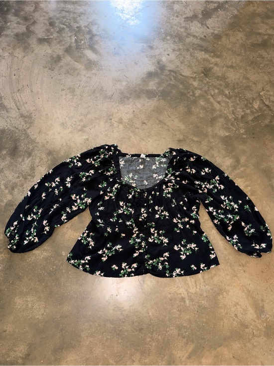 Old Navy Tops - Old Navy XXL Black Floral Peplum Blouse Square Neck Balloon Sleeve Cottage